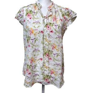 Haver London Floral Smocked Ruffle Neck Cap Sleeve Tie Blouse Top White Cream XS
